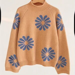 Blue Floral Patterned Tan Turtleneck Sweater